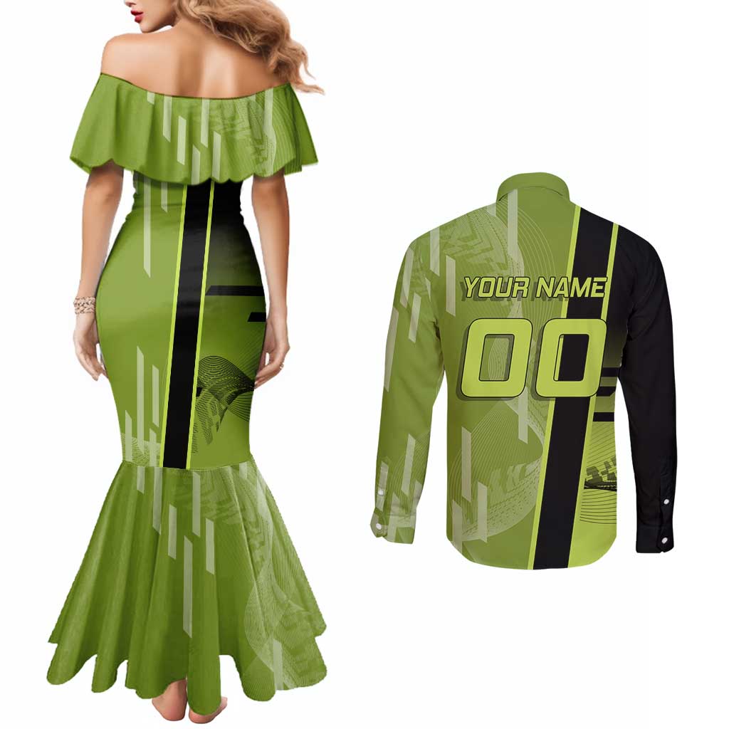 Personalized Gyomei Himejima Demon Slayer Badminton Couples Matching Mermaid Dress and Long Sleeve Button Shirt with Racket Action Pose and Green Black Graphic Design - The Mazicc