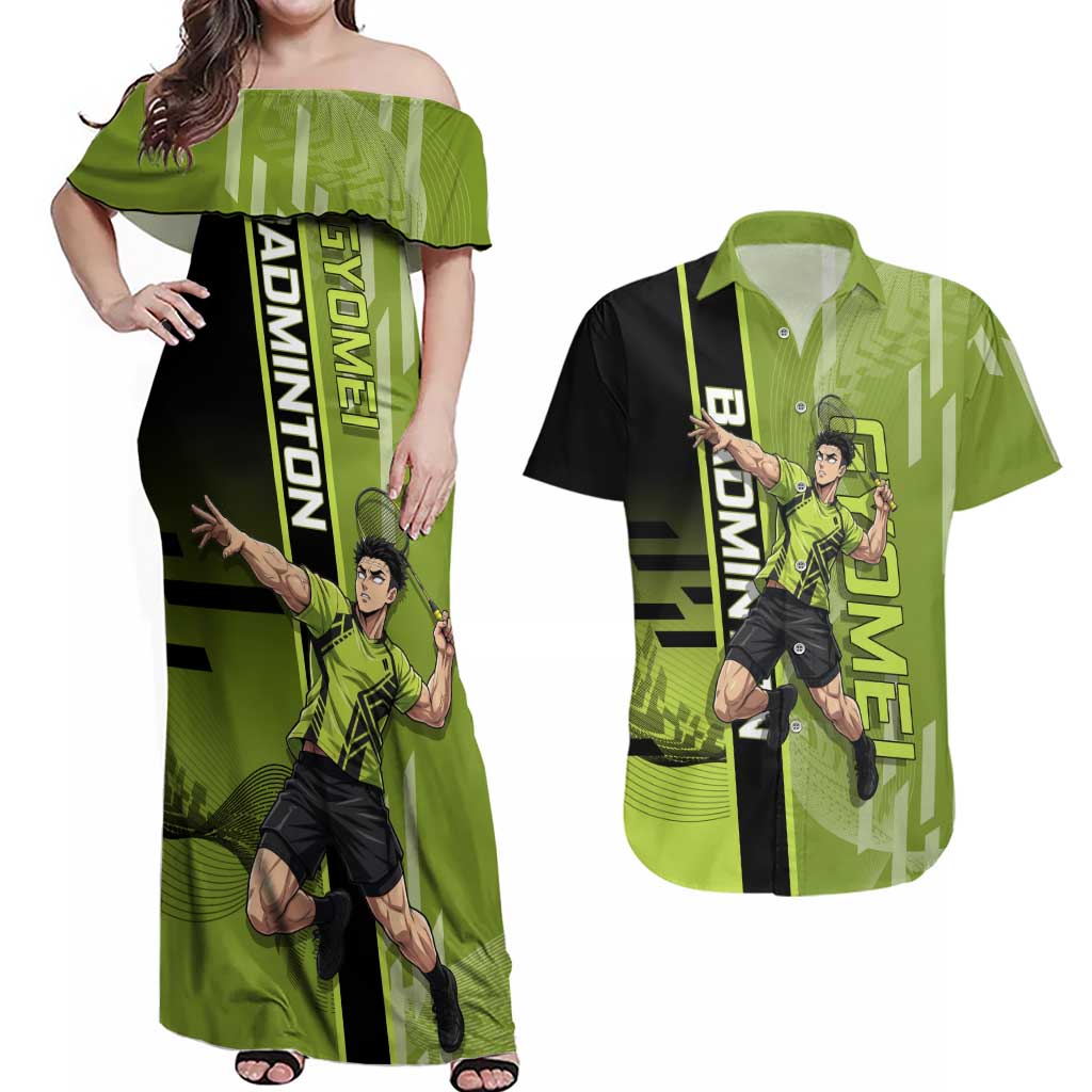 Personalized Gyomei Himejima Demon Slayer Badminton Couples Matching Off Shoulder Maxi Dress and Hawaiian Shirt with Racket Action Pose and Green Black Graphic Design - The Mazicc