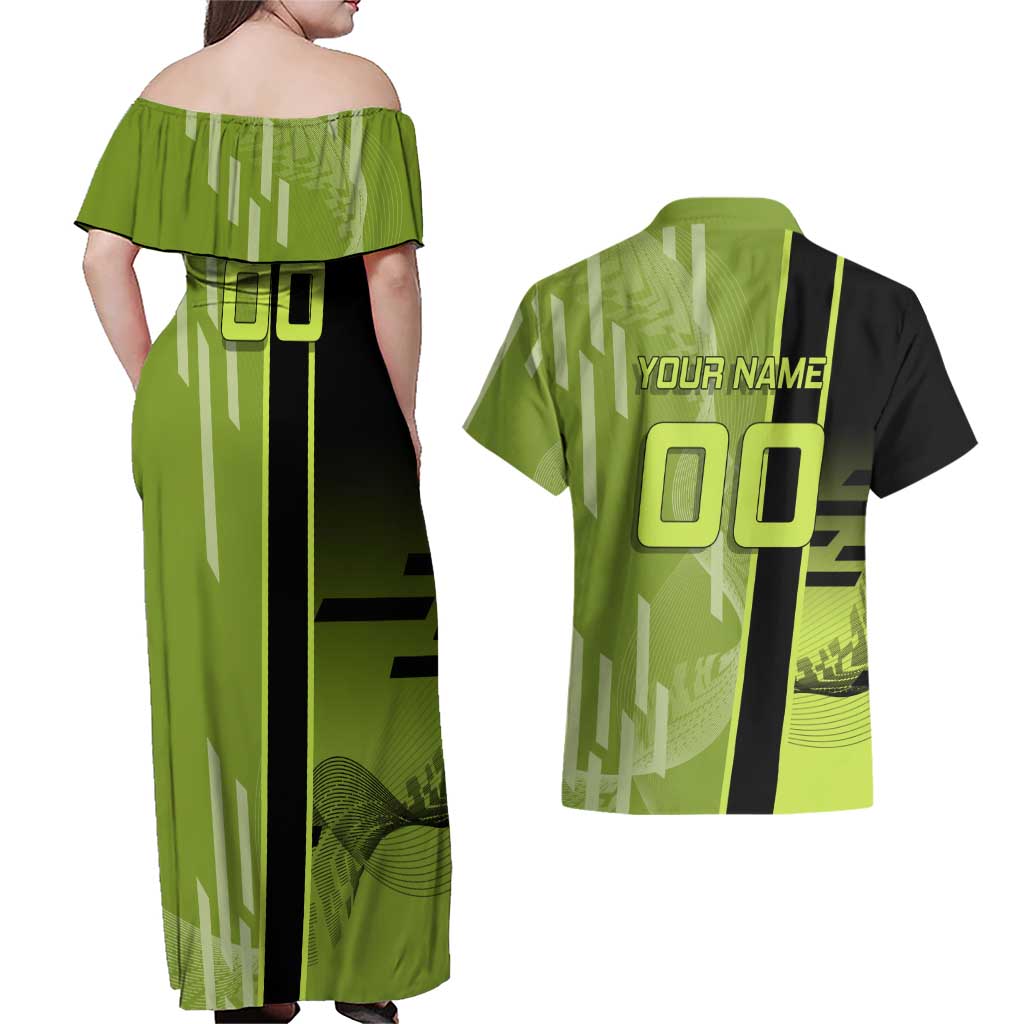 Personalized Gyomei Himejima Demon Slayer Badminton Couples Matching Off Shoulder Maxi Dress and Hawaiian Shirt with Racket Action Pose and Green Black Graphic Design - The Mazicc
