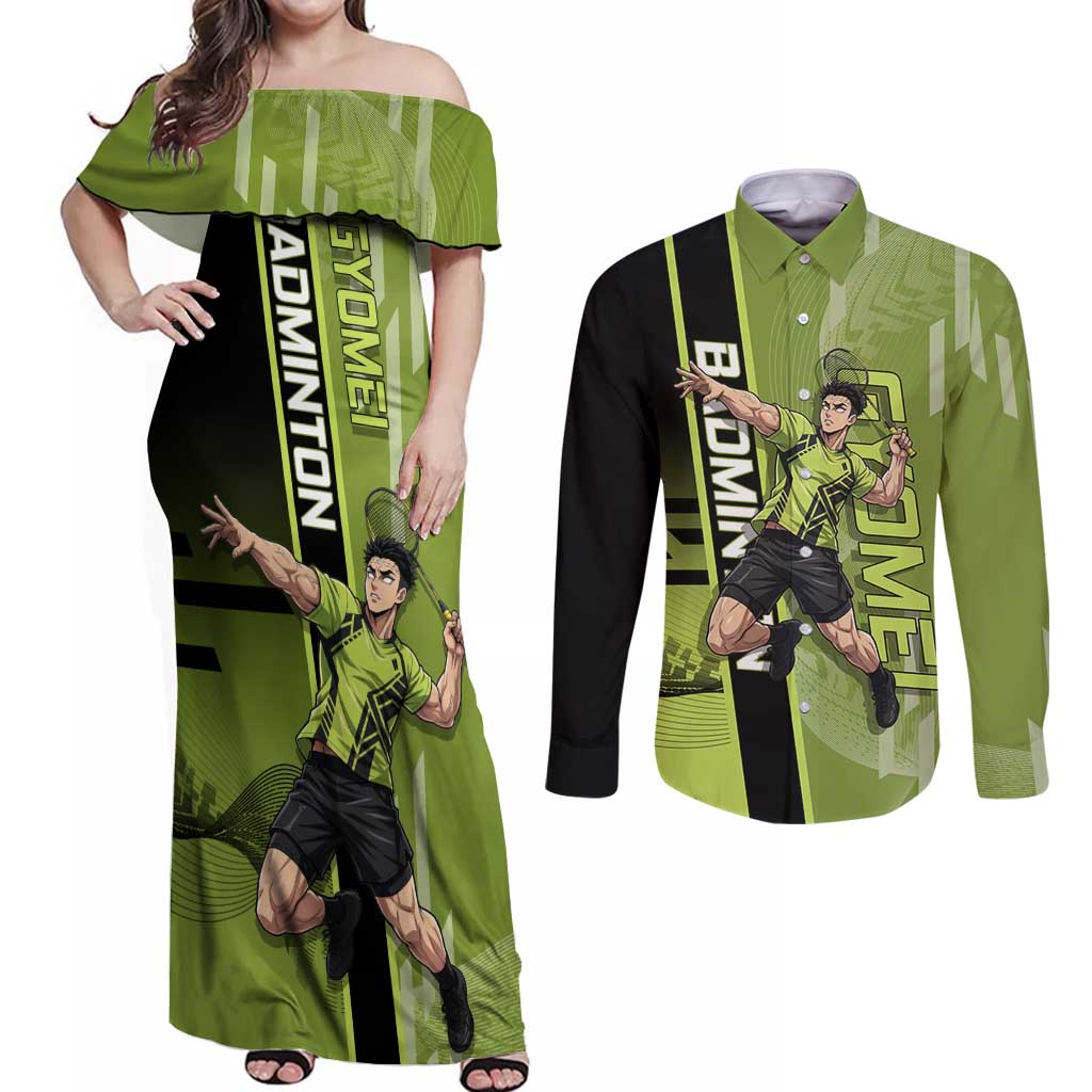 Personalized Gyomei Himejima Demon Slayer Badminton Couples Matching Off Shoulder Maxi Dress and Long Sleeve Button Shirt with Racket Action Pose and Green Black Graphic Design - The Mazicc