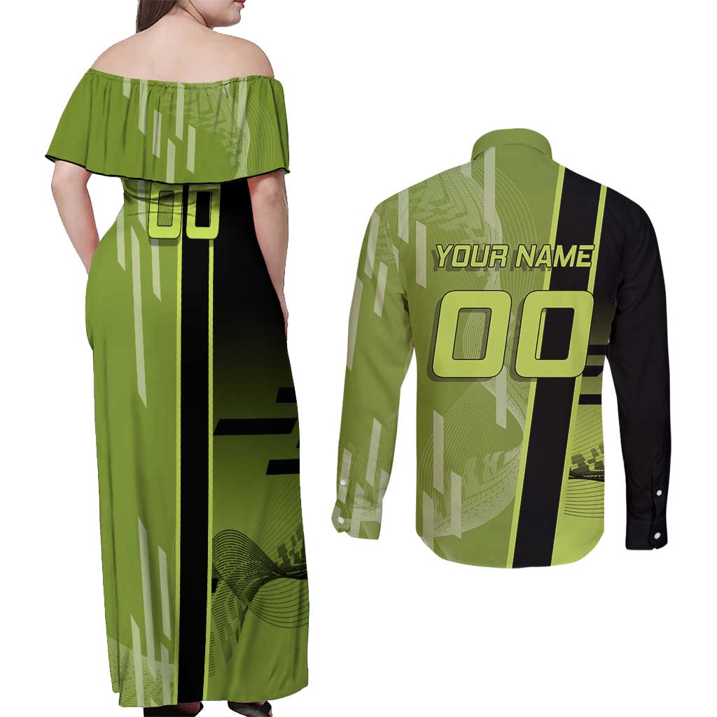 Personalized Gyomei Himejima Demon Slayer Badminton Couples Matching Off Shoulder Maxi Dress and Long Sleeve Button Shirt with Racket Action Pose and Green Black Graphic Design - The Mazicc