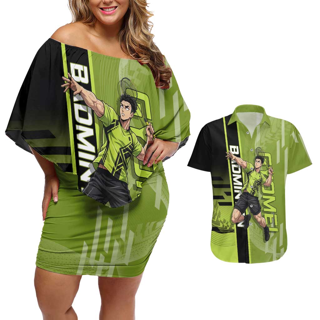 Personalized Gyomei Himejima Demon Slayer Badminton Couples Matching Off Shoulder Short Dress and Hawaiian Shirt with Racket Action Pose and Green Black Graphic Design - The Mazicc