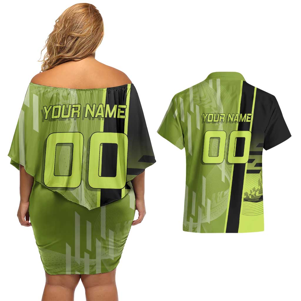 Personalized Gyomei Himejima Demon Slayer Badminton Couples Matching Off Shoulder Short Dress and Hawaiian Shirt with Racket Action Pose and Green Black Graphic Design - The Mazicc