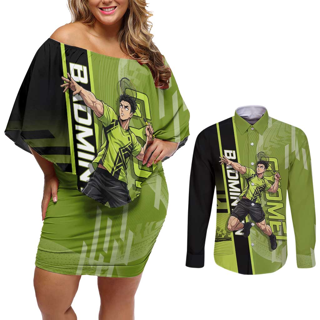 Personalized Gyomei Himejima Demon Slayer Badminton Couples Matching Off Shoulder Short Dress and Long Sleeve Button Shirt with Racket Action Pose and Green Black Graphic Design - The Mazicc