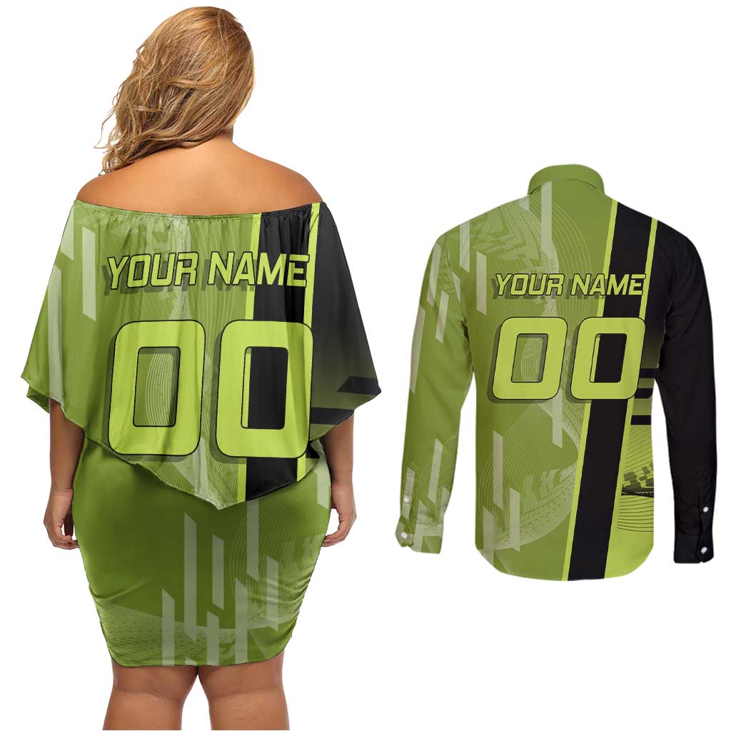 Personalized Gyomei Himejima Demon Slayer Badminton Couples Matching Off Shoulder Short Dress and Long Sleeve Button Shirt with Racket Action Pose and Green Black Graphic Design - The Mazicc