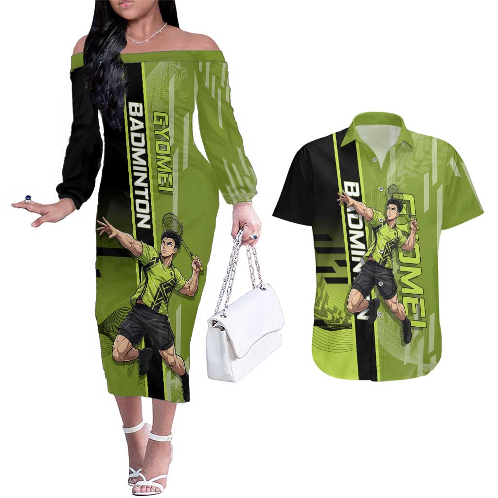 Personalized Gyomei Himejima Demon Slayer Badminton Couples Matching Off The Shoulder Long Sleeve Dress and Hawaiian Shirt with Racket Action Pose and Green Black Graphic Design - The Mazicc
