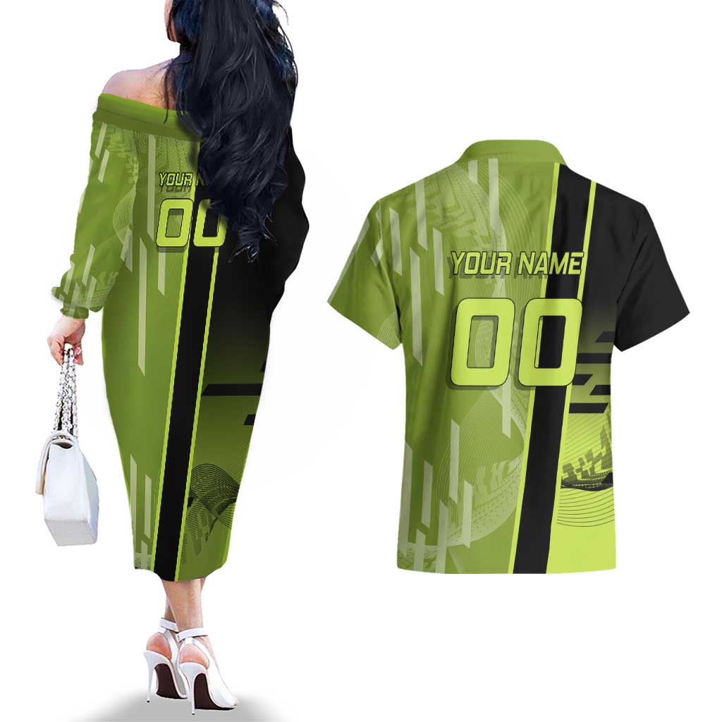 Personalized Gyomei Himejima Demon Slayer Badminton Couples Matching Off The Shoulder Long Sleeve Dress and Hawaiian Shirt with Racket Action Pose and Green Black Graphic Design - The Mazicc