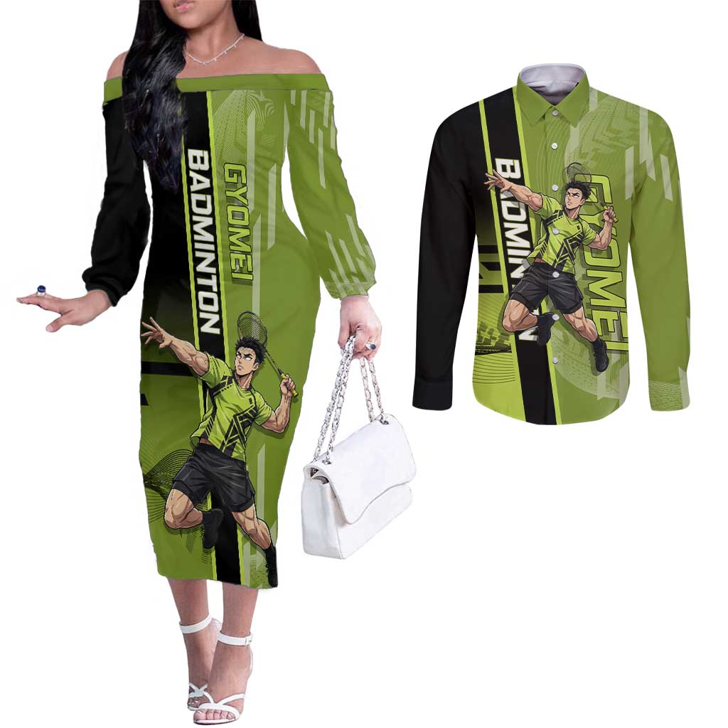Personalized Gyomei Himejima Demon Slayer Badminton Couples Matching Off The Shoulder Long Sleeve Dress and Long Sleeve Button Shirt with Racket Action Pose and Green Black Graphic Design - The Mazicc