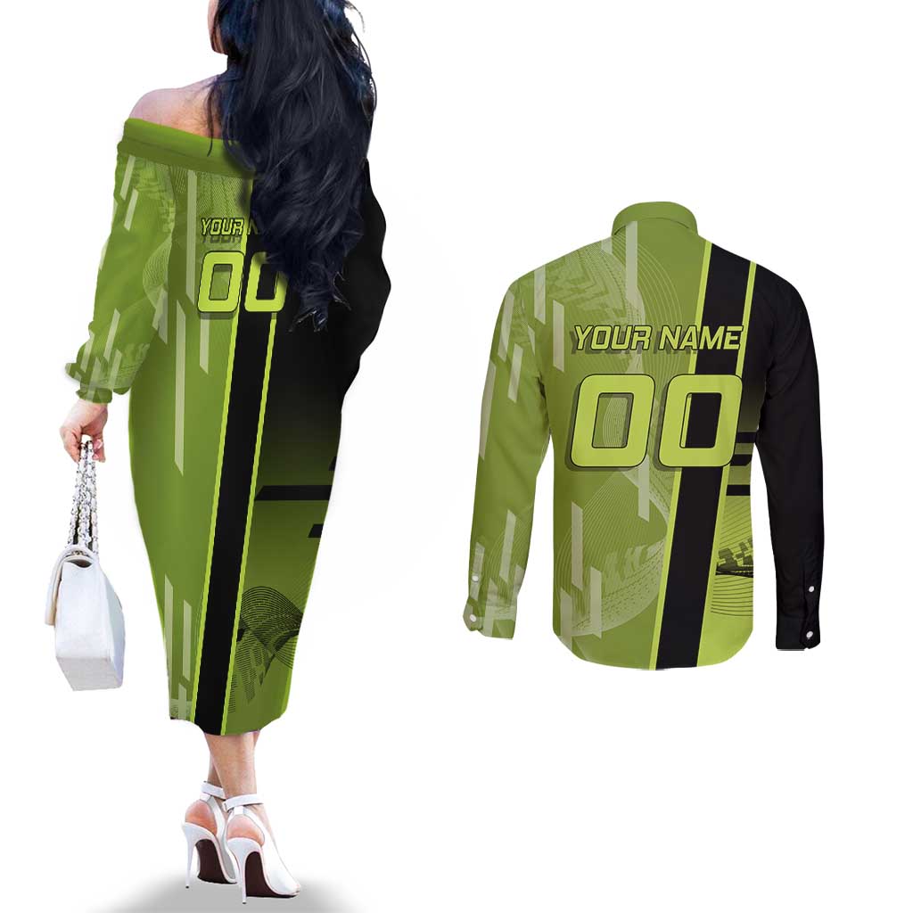 Personalized Gyomei Himejima Demon Slayer Badminton Couples Matching Off The Shoulder Long Sleeve Dress and Long Sleeve Button Shirt with Racket Action Pose and Green Black Graphic Design - The Mazicc