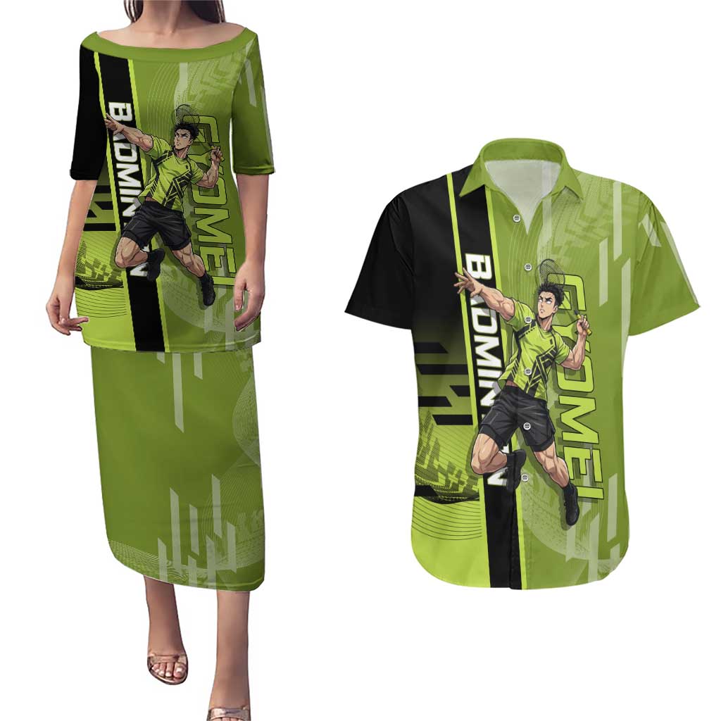 Personalized Gyomei Himejima Demon Slayer Badminton Couples Matching Puletasi and Hawaiian Shirt with Racket Action Pose and Green Black Graphic Design - The Mazicc
