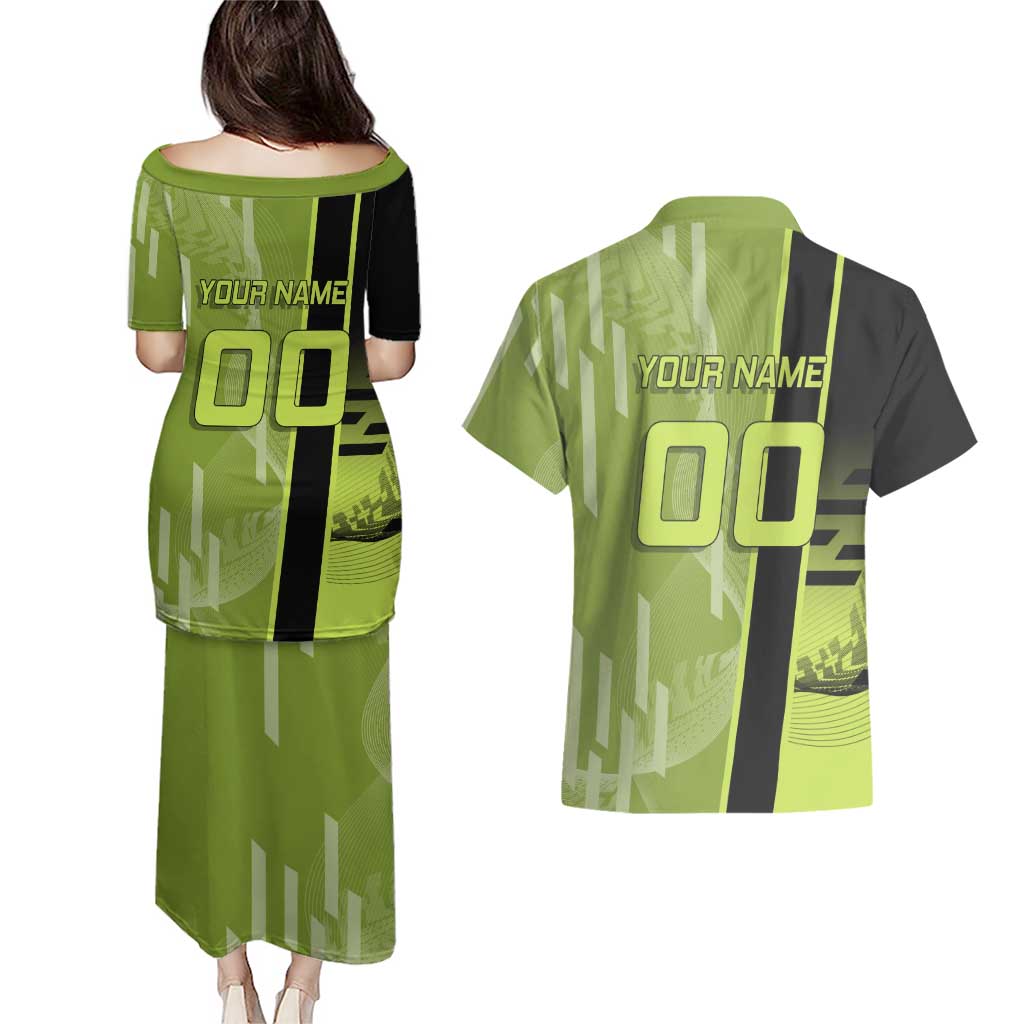 Personalized Gyomei Himejima Demon Slayer Badminton Couples Matching Puletasi and Hawaiian Shirt with Racket Action Pose and Green Black Graphic Design - The Mazicc