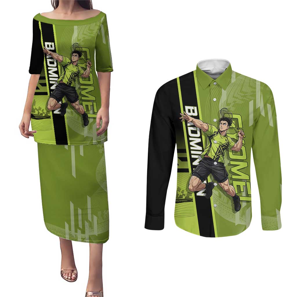 Personalized Gyomei Himejima Demon Slayer Badminton Couples Matching Puletasi and Long Sleeve Button Shirt with Racket Action Pose and Green Black Graphic Design - The Mazicc