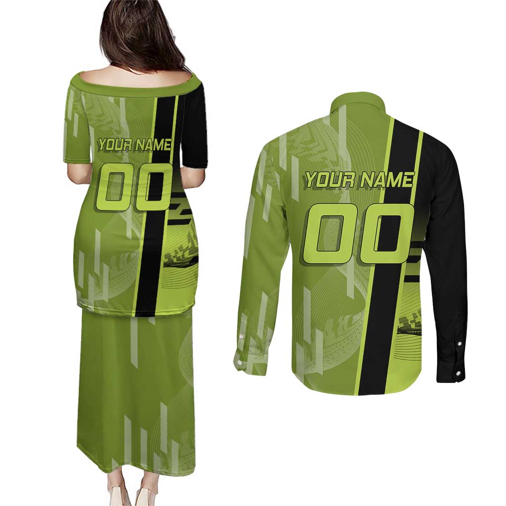Personalized Gyomei Himejima Demon Slayer Badminton Couples Matching Puletasi and Long Sleeve Button Shirt with Racket Action Pose and Green Black Graphic Design - The Mazicc