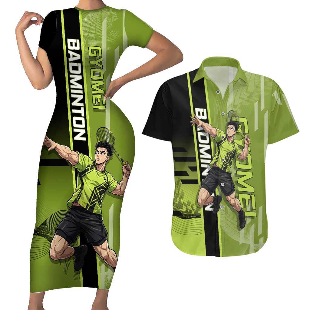 Personalized Gyomei Himejima Demon Slayer Badminton Couples Matching Short Sleeve Bodycon Dress and Hawaiian Shirt with Racket Action Pose and Green Black Graphic Design - The Mazicc