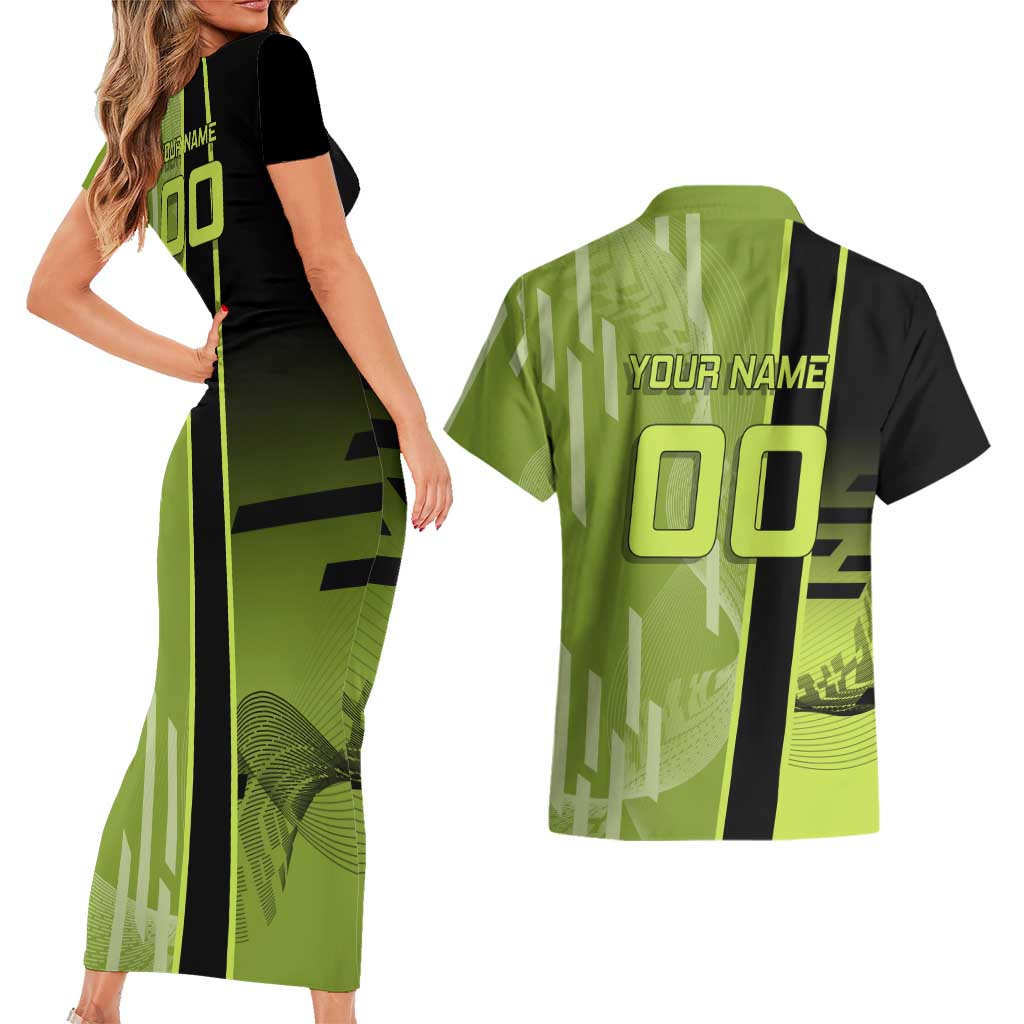 Personalized Gyomei Himejima Demon Slayer Badminton Couples Matching Short Sleeve Bodycon Dress and Hawaiian Shirt with Racket Action Pose and Green Black Graphic Design - The Mazicc