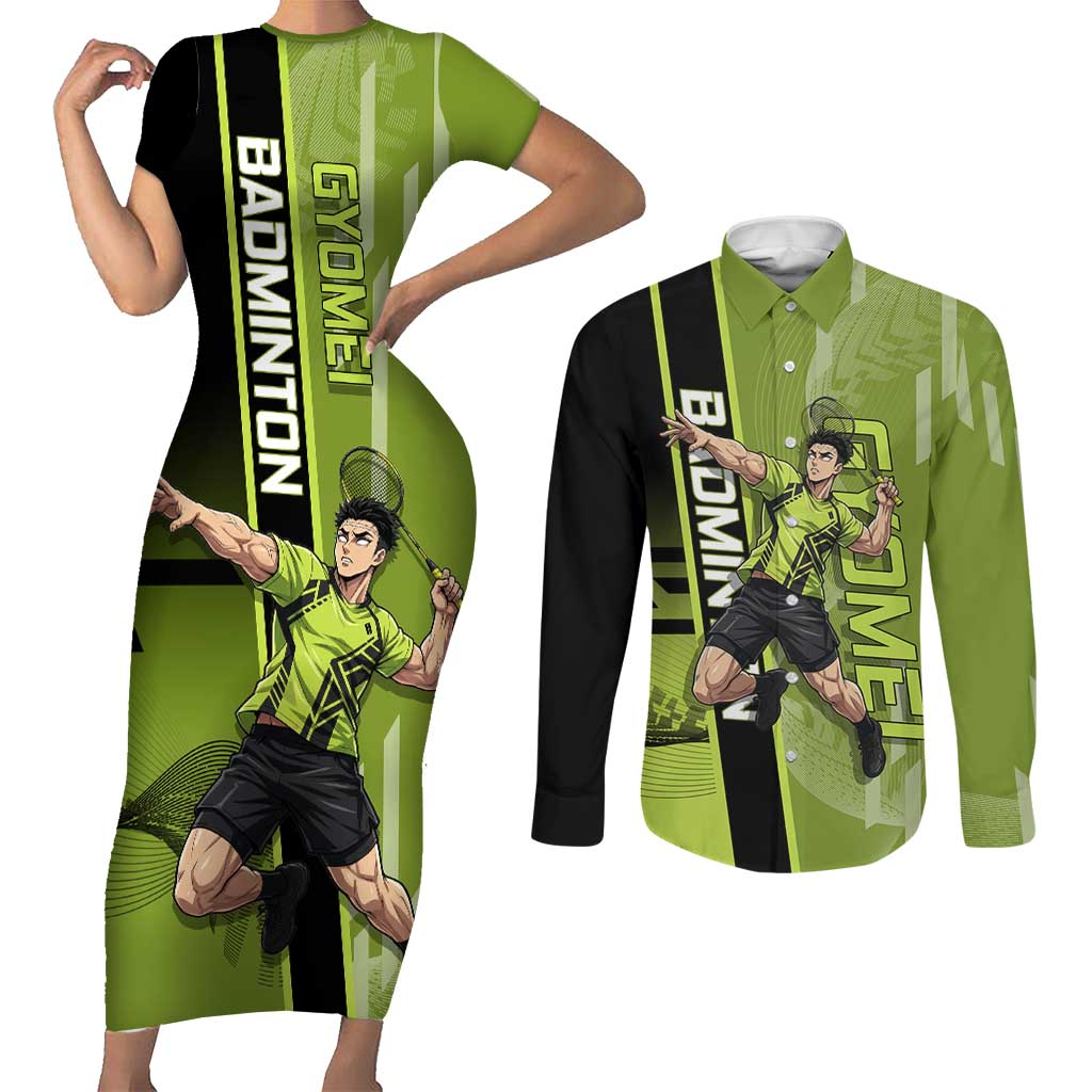 Personalized Gyomei Himejima Demon Slayer Badminton Couples Matching Short Sleeve Bodycon Dress and Long Sleeve Button Shirt with Racket Action Pose and Green Black Graphic Design - The Mazicc