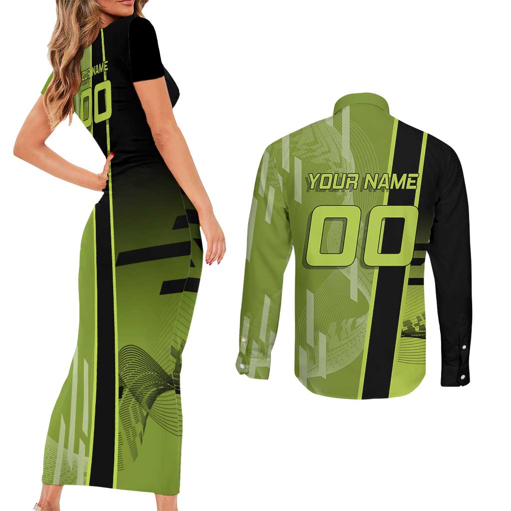 Personalized Gyomei Himejima Demon Slayer Badminton Couples Matching Short Sleeve Bodycon Dress and Long Sleeve Button Shirt with Racket Action Pose and Green Black Graphic Design - The Mazicc