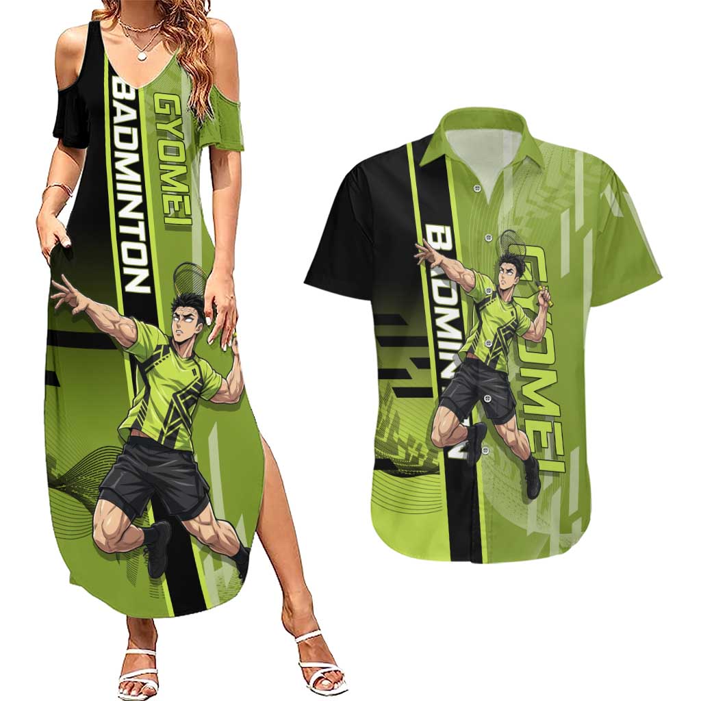 Personalized Gyomei Himejima Demon Slayer Badminton Couples Matching Summer Maxi Dress and Hawaiian Shirt with Racket Action Pose and Green Black Graphic Design - The Mazicc