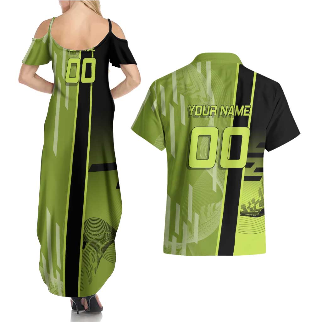 Personalized Gyomei Himejima Demon Slayer Badminton Couples Matching Summer Maxi Dress and Hawaiian Shirt with Racket Action Pose and Green Black Graphic Design - The Mazicc
