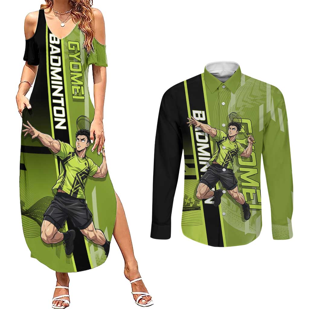 Personalized Gyomei Himejima Demon Slayer Badminton Couples Matching Summer Maxi Dress and Long Sleeve Button Shirt with Racket Action Pose and Green Black Graphic Design - The Mazicc