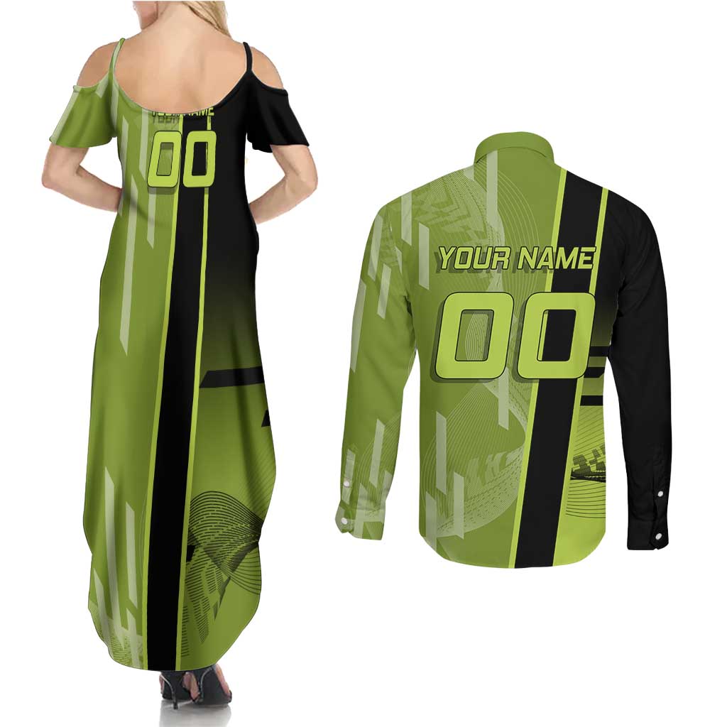 Personalized Gyomei Himejima Demon Slayer Badminton Couples Matching Summer Maxi Dress and Long Sleeve Button Shirt with Racket Action Pose and Green Black Graphic Design - The Mazicc