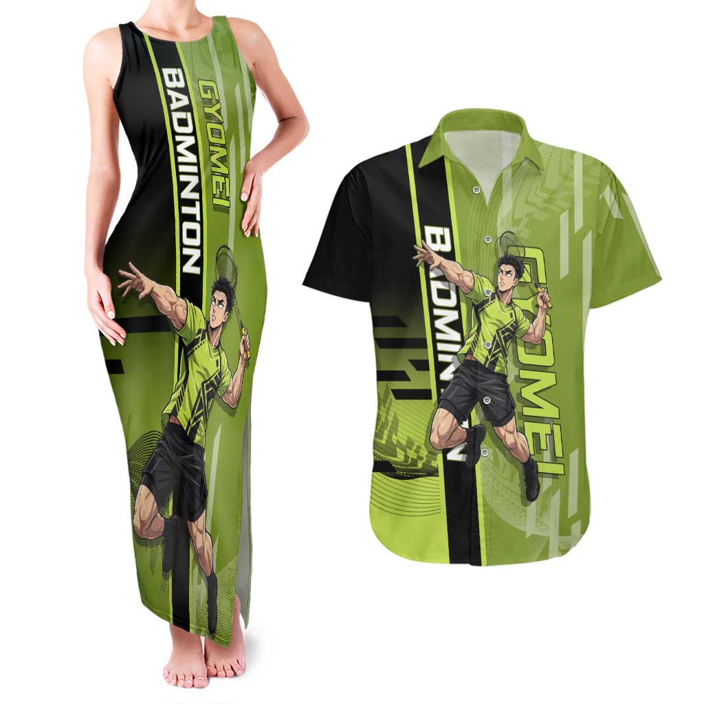 Personalized Gyomei Himejima Demon Slayer Badminton Couples Matching Tank Maxi Dress and Hawaiian Shirt with Racket Action Pose and Green Black Graphic Design - The Mazicc