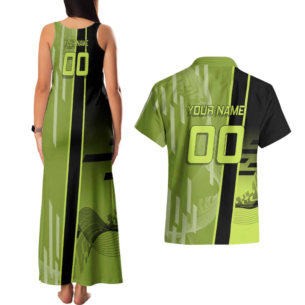 Personalized Gyomei Himejima Demon Slayer Badminton Couples Matching Tank Maxi Dress and Hawaiian Shirt with Racket Action Pose and Green Black Graphic Design - The Mazicc