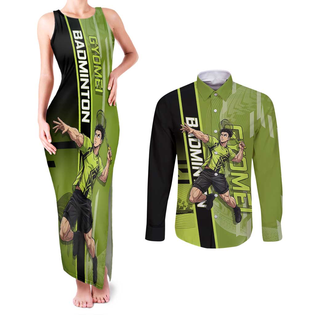 Personalized Gyomei Himejima Demon Slayer Badminton Couples Matching Tank Maxi Dress and Long Sleeve Button Shirt with Racket Action Pose and Green Black Graphic Design - The Mazicc