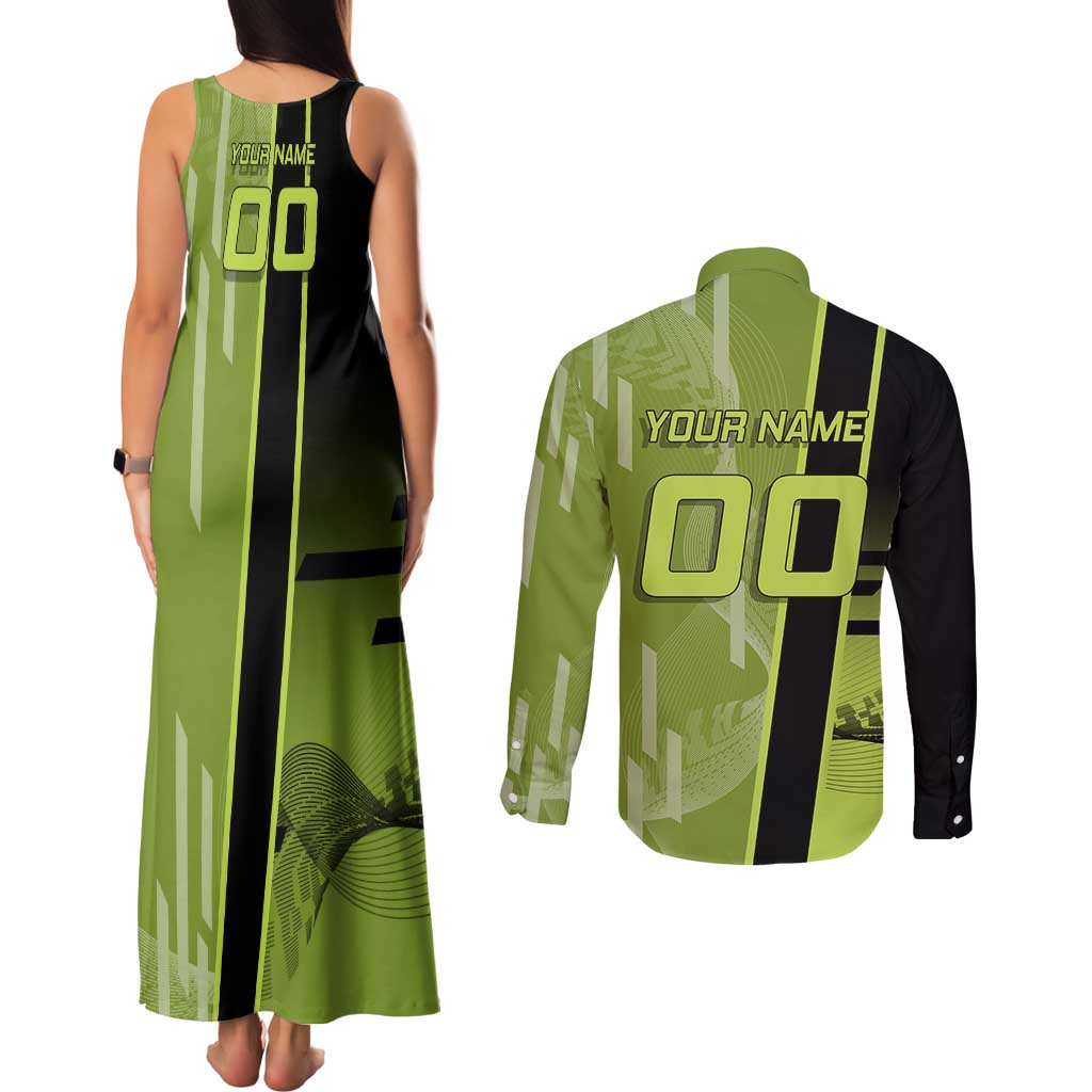 Personalized Gyomei Himejima Demon Slayer Badminton Couples Matching Tank Maxi Dress and Long Sleeve Button Shirt with Racket Action Pose and Green Black Graphic Design - The Mazicc