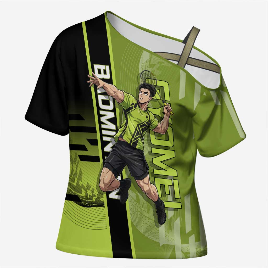 Personalized Gyomei Himejima Demon Slayer Badminton Cross Shoulder Shirt with Racket Action Pose and Green Black Graphic Design - The Mazicc