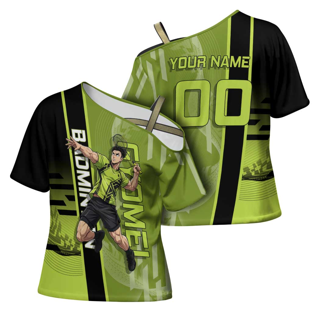 Personalized Gyomei Himejima Demon Slayer Badminton Cross Shoulder Shirt with Racket Action Pose and Green Black Graphic Design - The Mazicc