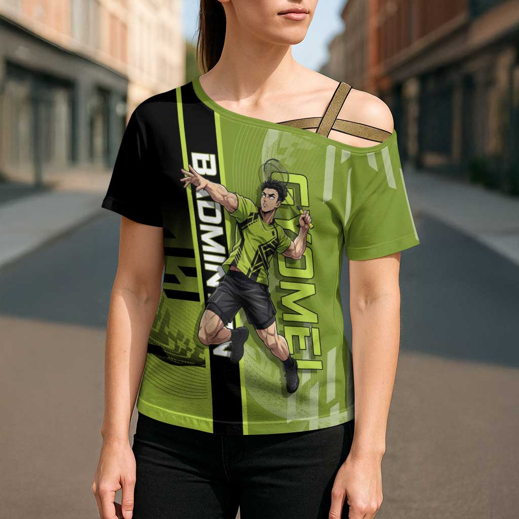 Personalized Gyomei Himejima Demon Slayer Badminton Cross Shoulder Shirt with Racket Action Pose and Green Black Graphic Design - The Mazicc