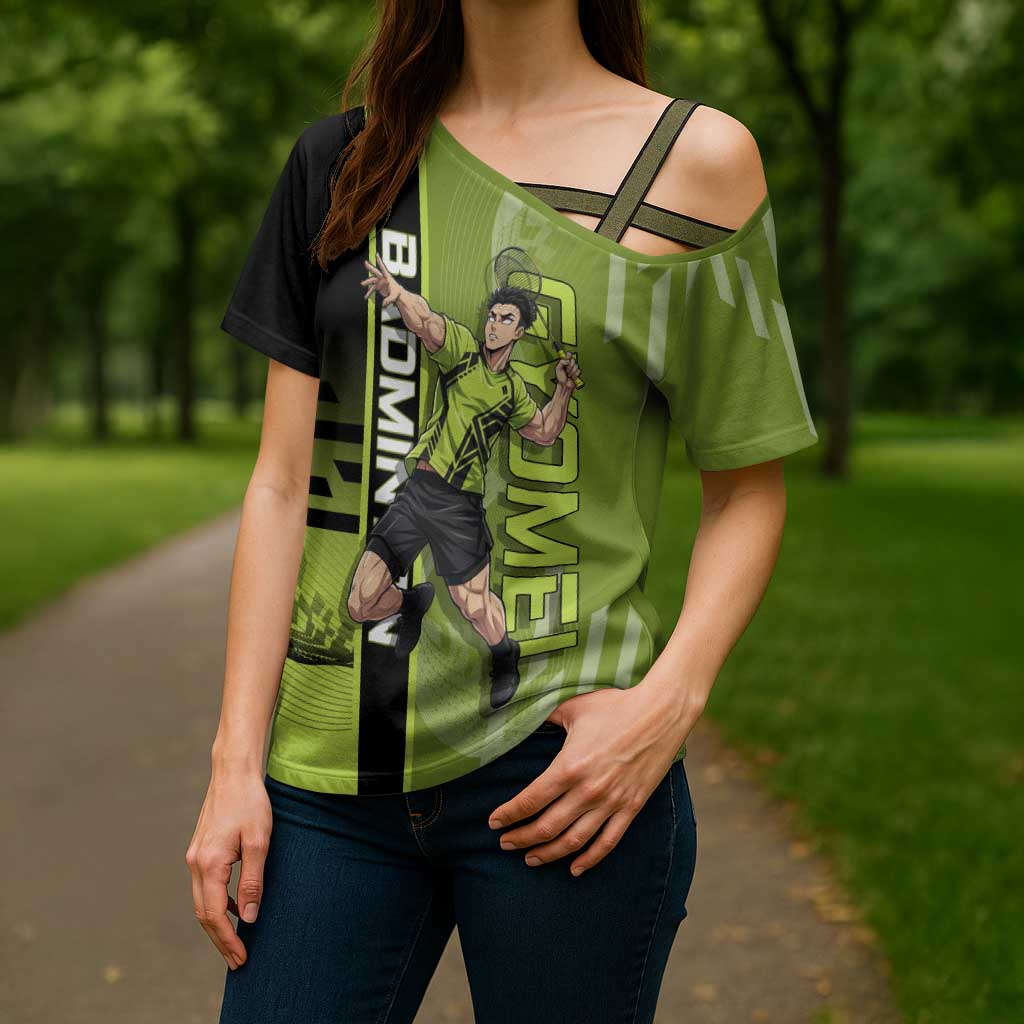 Personalized Gyomei Himejima Demon Slayer Badminton Cross Shoulder Shirt with Racket Action Pose and Green Black Graphic Design - The Mazicc