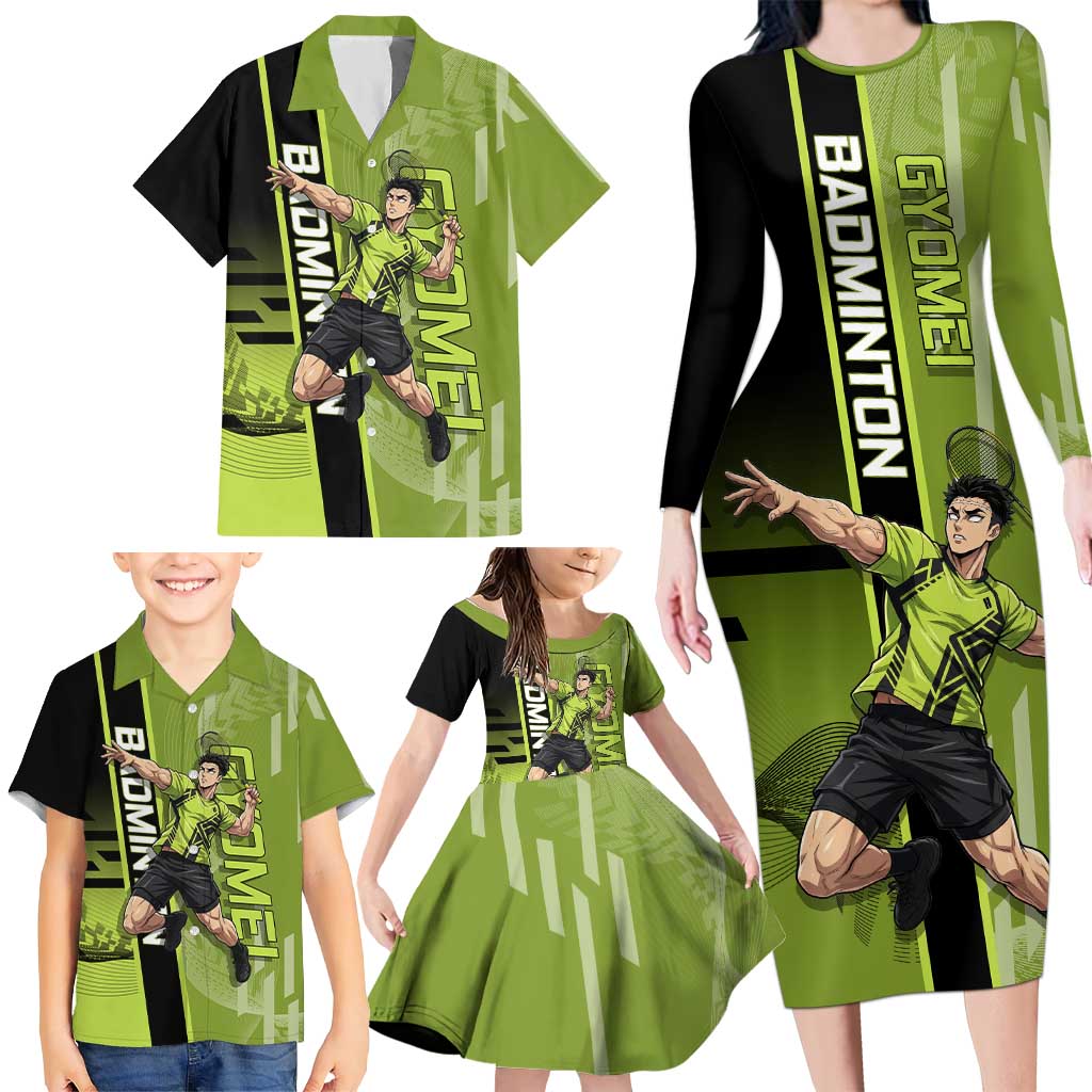 Personalized Gyomei Himejima Demon Slayer Badminton Family Matching Long Sleeve Bodycon Dress and Hawaiian Shirt with Racket Action Pose and Green Black Graphic Design