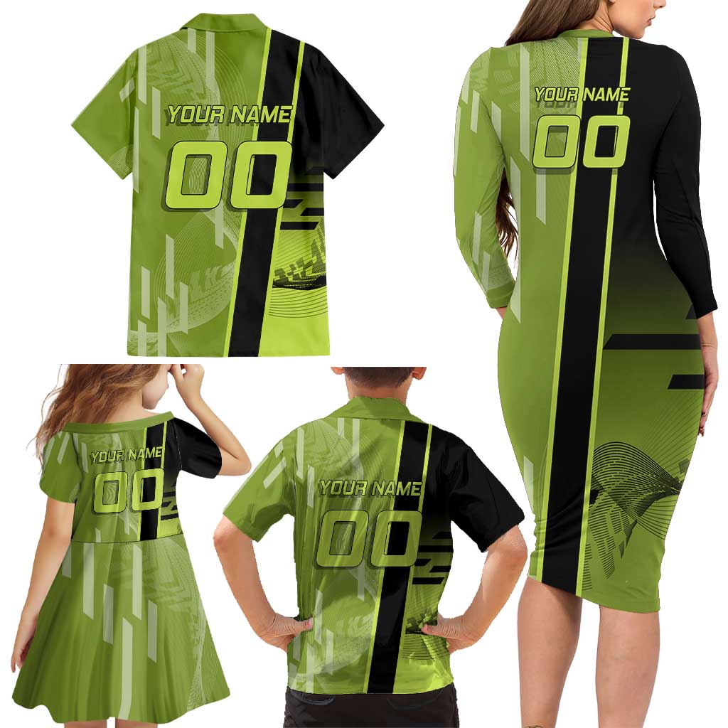 Personalized Gyomei Himejima Demon Slayer Badminton Family Matching Long Sleeve Bodycon Dress and Hawaiian Shirt with Racket Action Pose and Green Black Graphic Design