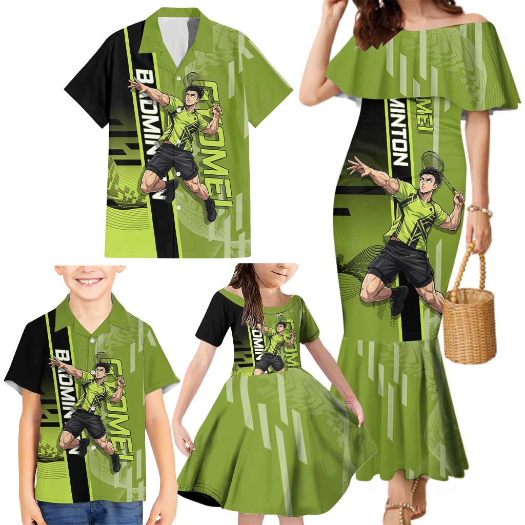 Personalized Gyomei Himejima Demon Slayer Badminton Family Matching Mermaid Dress and Hawaiian Shirt with Racket Action Pose and Green Black Graphic Design