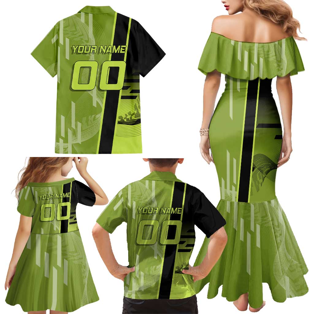 Personalized Gyomei Himejima Demon Slayer Badminton Family Matching Mermaid Dress and Hawaiian Shirt with Racket Action Pose and Green Black Graphic Design