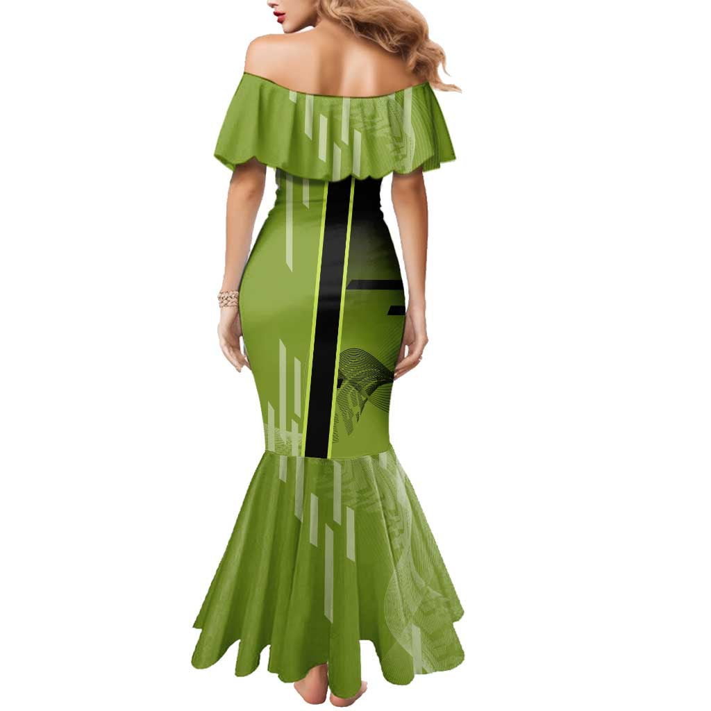 Personalized Gyomei Himejima Demon Slayer Badminton Family Matching Mermaid Dress and Hawaiian Shirt with Racket Action Pose and Green Black Graphic Design