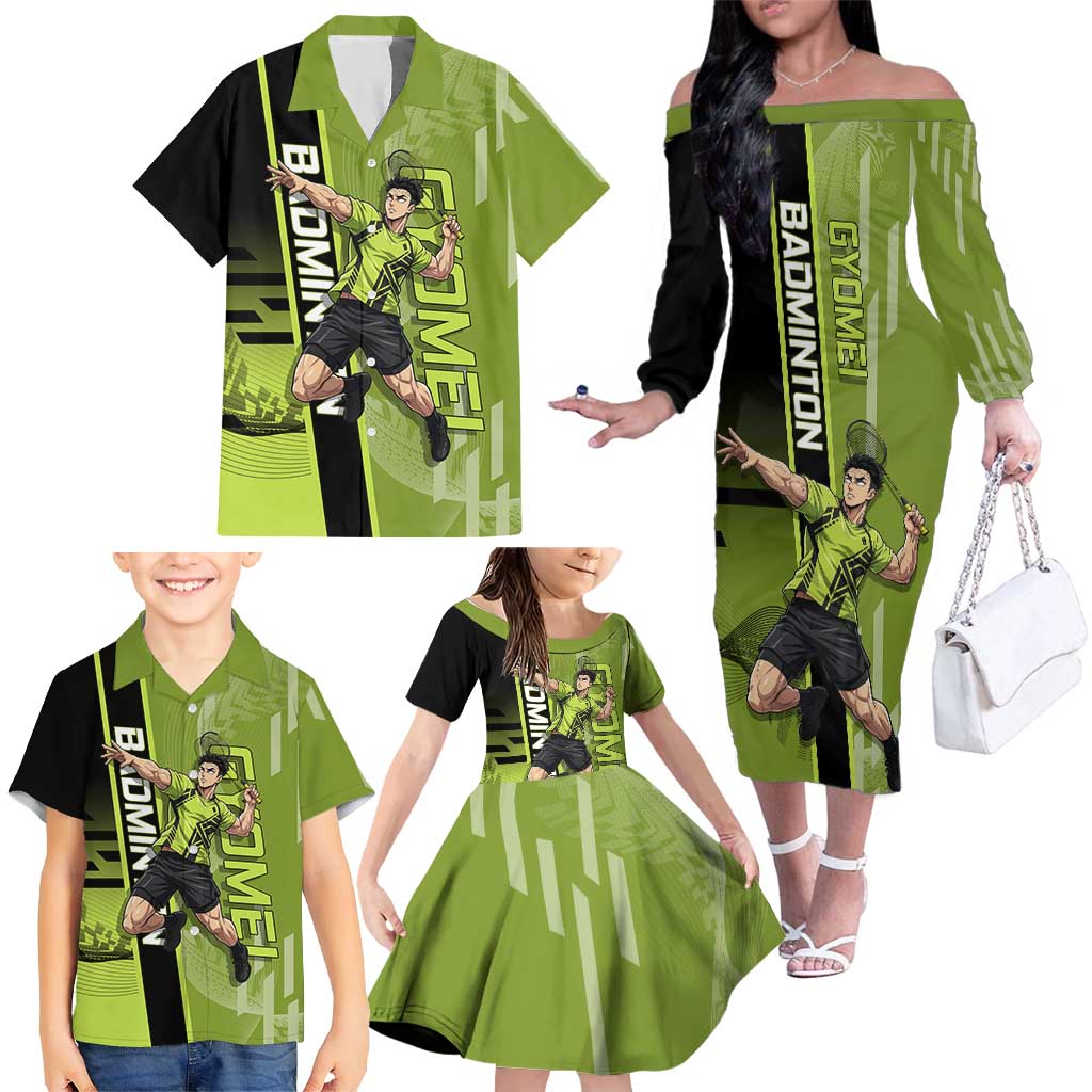 Personalized Gyomei Himejima Demon Slayer Badminton Family Matching Off The Shoulder Long Sleeve Dress and Hawaiian Shirt with Racket Action Pose and Green Black Graphic Design