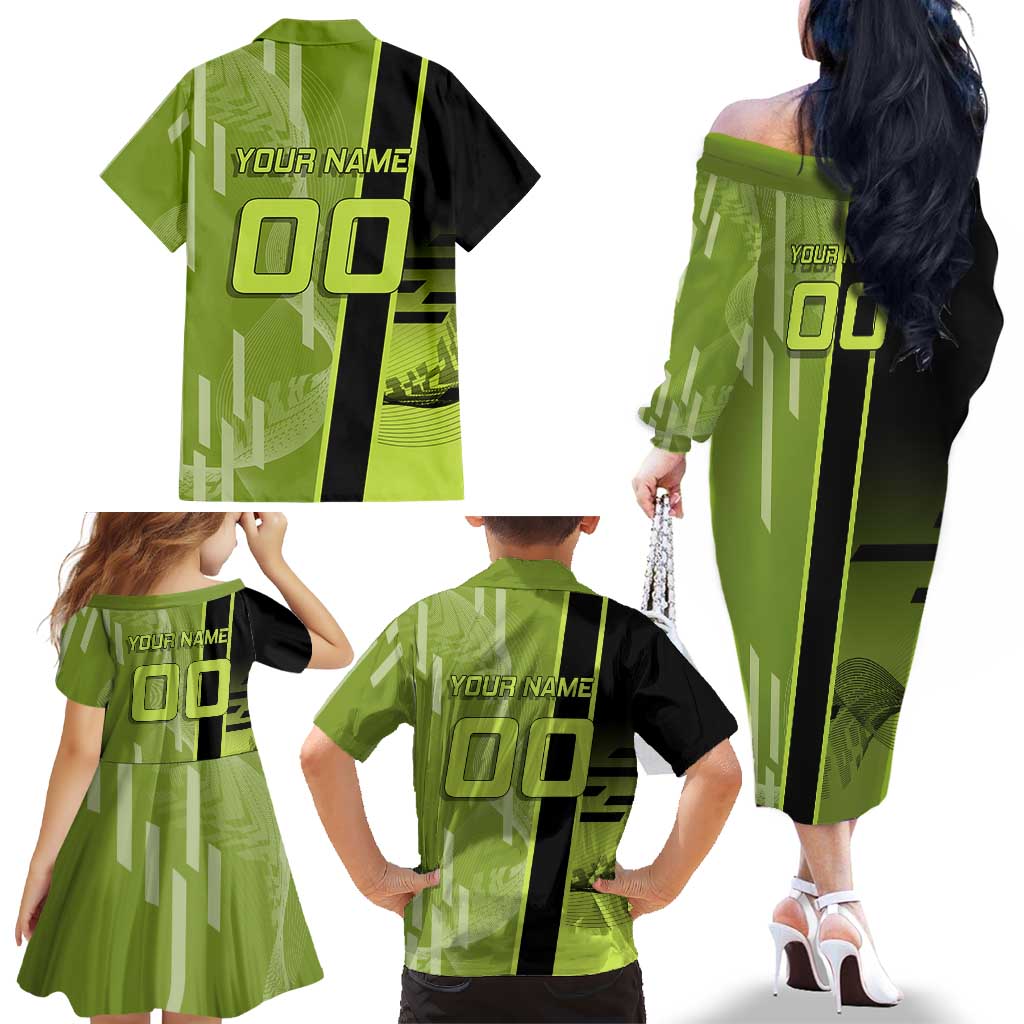 Personalized Gyomei Himejima Demon Slayer Badminton Family Matching Off The Shoulder Long Sleeve Dress and Hawaiian Shirt with Racket Action Pose and Green Black Graphic Design