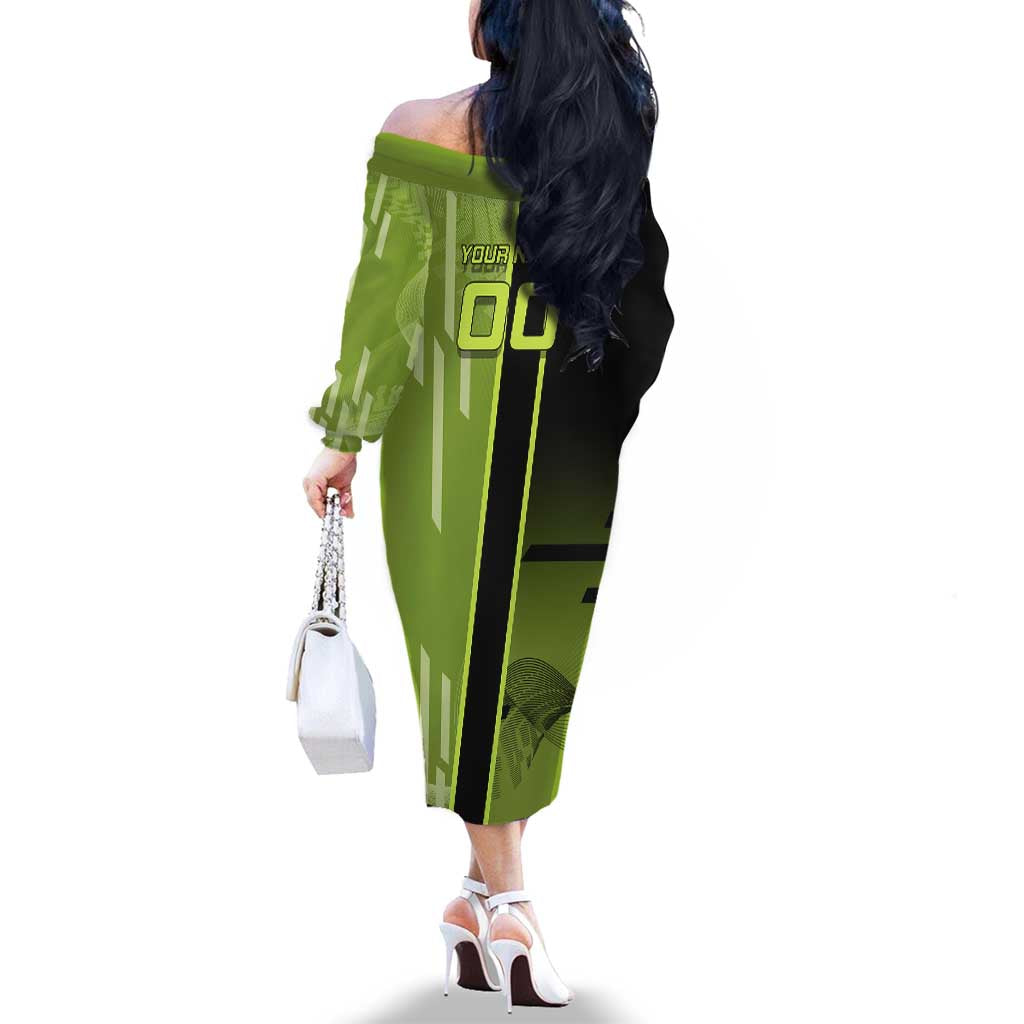 Personalized Gyomei Himejima Demon Slayer Badminton Family Matching Off The Shoulder Long Sleeve Dress and Hawaiian Shirt with Racket Action Pose and Green Black Graphic Design