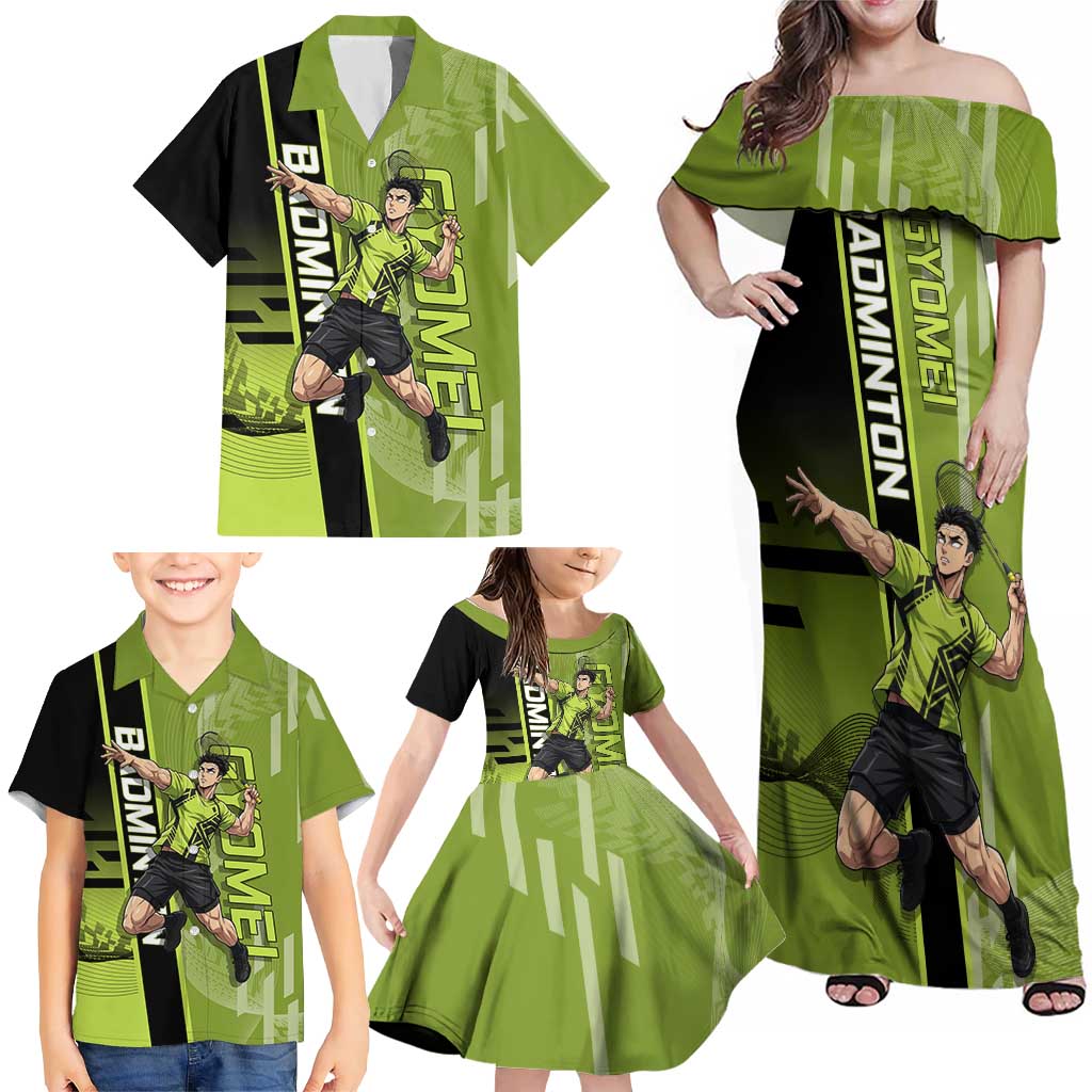 Personalized Gyomei Himejima Demon Slayer Badminton Family Matching Off Shoulder Maxi Dress and Hawaiian Shirt with Racket Action Pose and Green Black Graphic Design