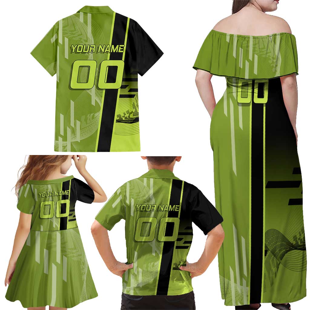 Personalized Gyomei Himejima Demon Slayer Badminton Family Matching Off Shoulder Maxi Dress and Hawaiian Shirt with Racket Action Pose and Green Black Graphic Design