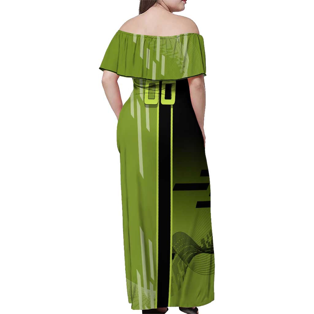 Personalized Gyomei Himejima Demon Slayer Badminton Family Matching Off Shoulder Maxi Dress and Hawaiian Shirt with Racket Action Pose and Green Black Graphic Design