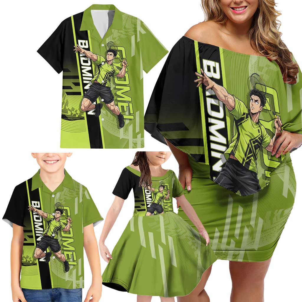 Personalized Gyomei Himejima Demon Slayer Badminton Family Matching Off Shoulder Short Dress and Hawaiian Shirt with Racket Action Pose and Green Black Graphic Design