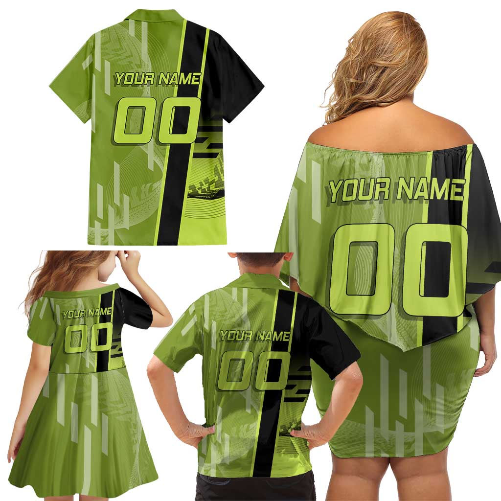 Personalized Gyomei Himejima Demon Slayer Badminton Family Matching Off Shoulder Short Dress and Hawaiian Shirt with Racket Action Pose and Green Black Graphic Design