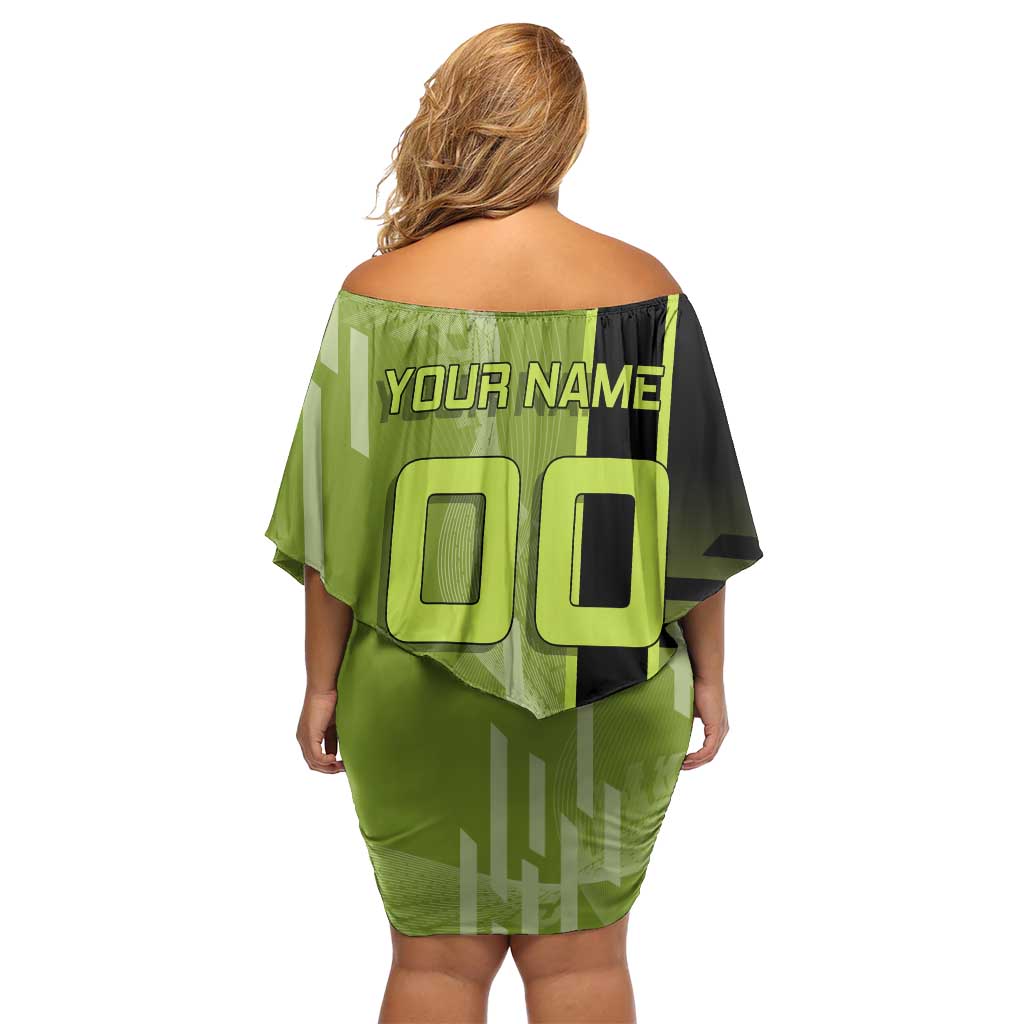 Personalized Gyomei Himejima Demon Slayer Badminton Family Matching Off Shoulder Short Dress and Hawaiian Shirt with Racket Action Pose and Green Black Graphic Design
