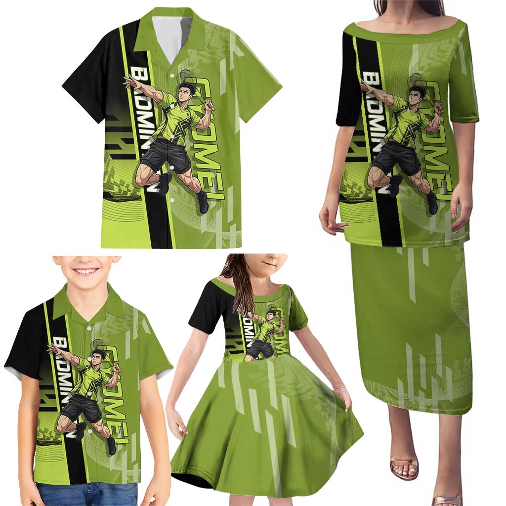 Personalized Gyomei Himejima Demon Slayer Badminton Family Matching Puletasi and Hawaiian Shirt with Racket Action Pose and Green Black Graphic Design
