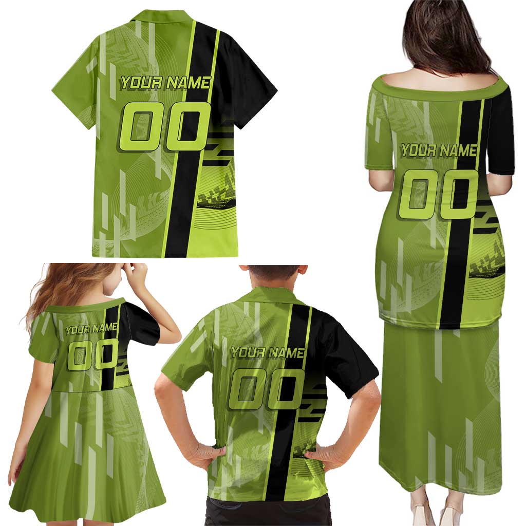 Personalized Gyomei Himejima Demon Slayer Badminton Family Matching Puletasi and Hawaiian Shirt with Racket Action Pose and Green Black Graphic Design