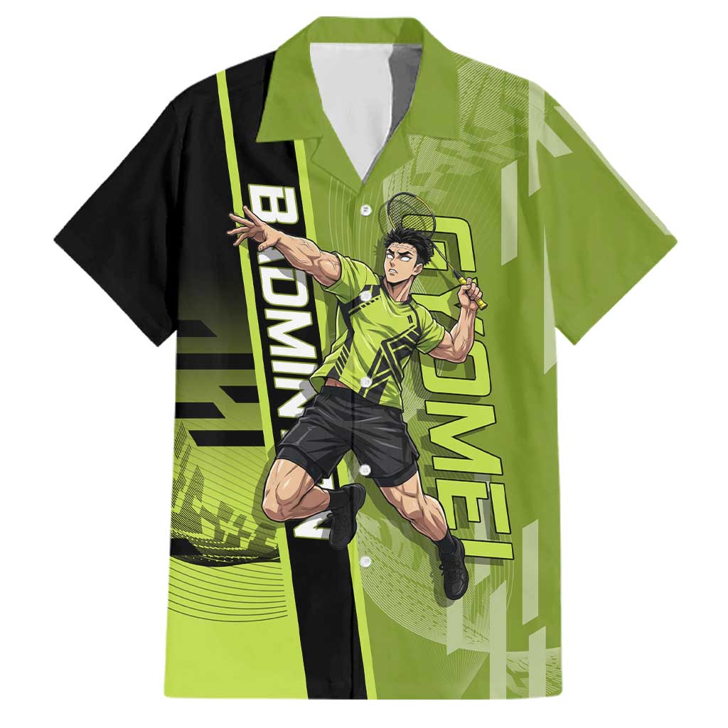 Personalized Gyomei Himejima Demon Slayer Badminton Family Matching Puletasi and Hawaiian Shirt with Racket Action Pose and Green Black Graphic Design